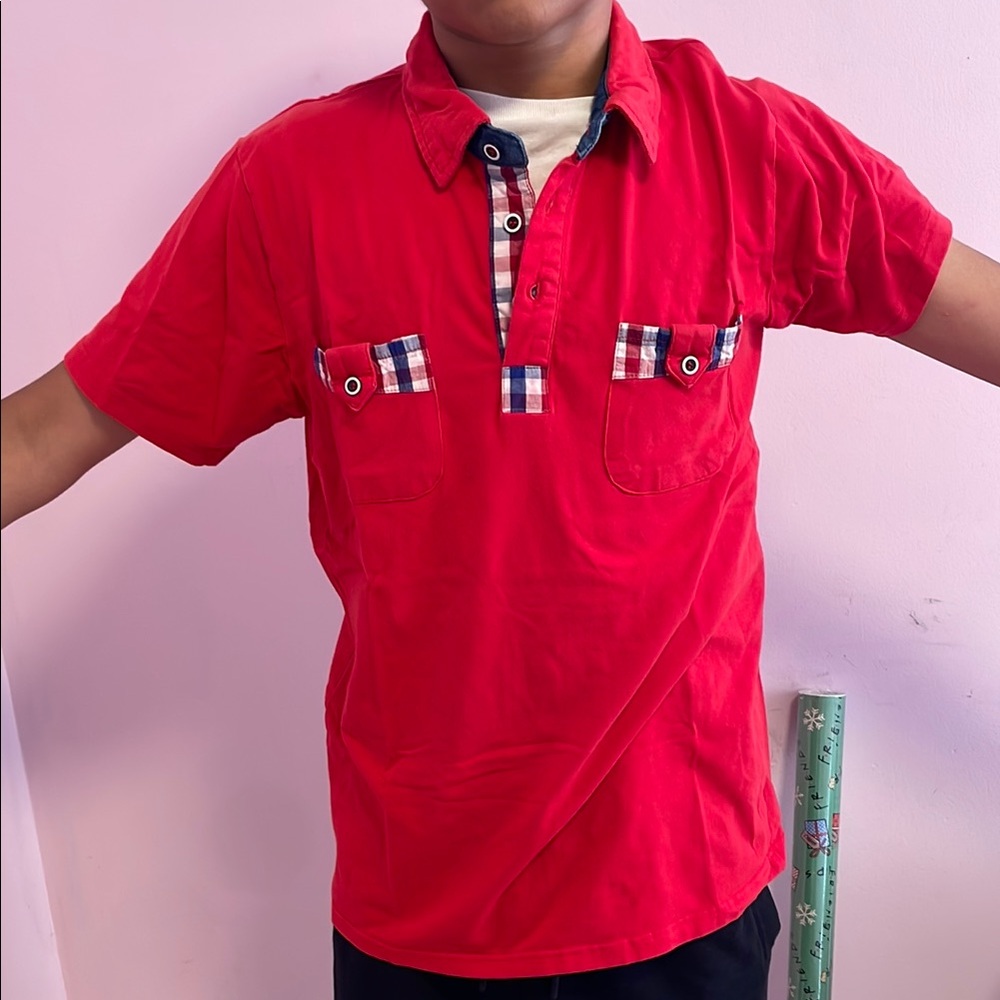 Red polo Shirt with Plaid Accents Sz M